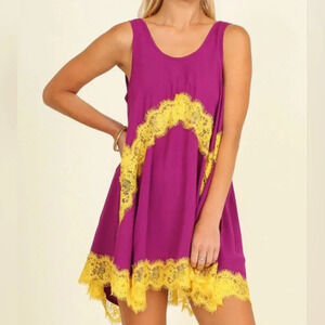 New Umgee Lace Baby Doll Sleeveless Tunic Swing Dress Large Purple Gold Game Day